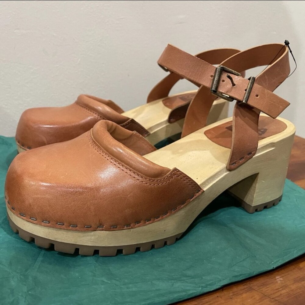 VTG Mia Kaolin Mary Jane Wooden Clogs Genuine Leather Open Back Cognac, Size 10